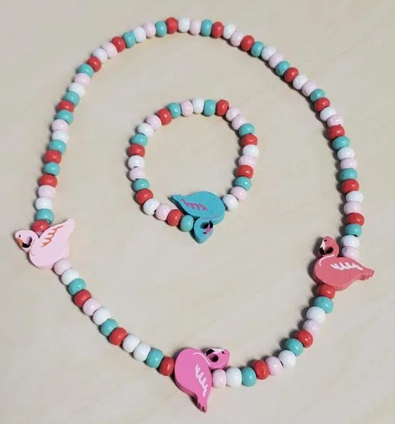 L315 Pink Flamingo Wooden Necklace Bracelet Set POLLY Bracelets