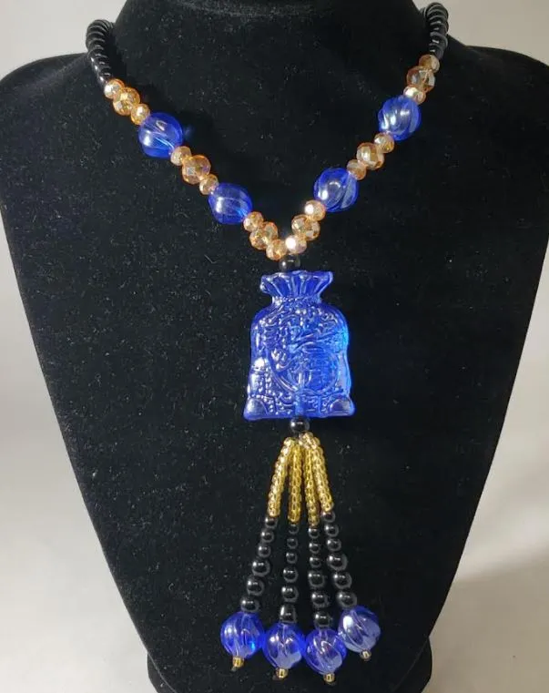 N2078 Black Bead Blue Money Bag Glass Long Necklace With Free Earrings polly Necklaces N2078 Black Bead Blue Money Bag Glass Long Necklace With Free Earrings polly Necklaces