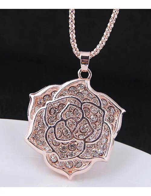 N918 Rose Gold Rhinestone Rose Necklace with Free Earrings 02 Necklaces