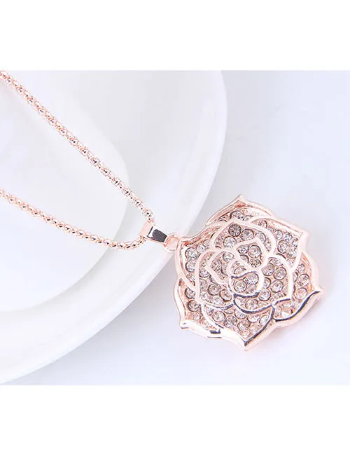 N918 Rose Gold Rhinestone Rose Necklace with Free Earrings 02 Necklaces