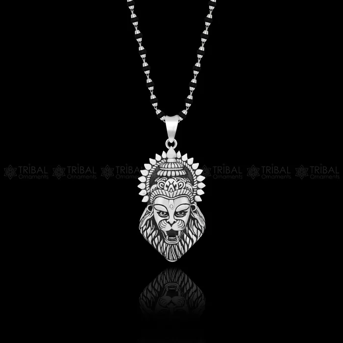 Necklaces 925 Sterling silver Lord Vishnu avatar Narsimha pendant with Black and white rosary beads tulsi mala meditation necklace NSP813 TRIBAL ORNAMENTS