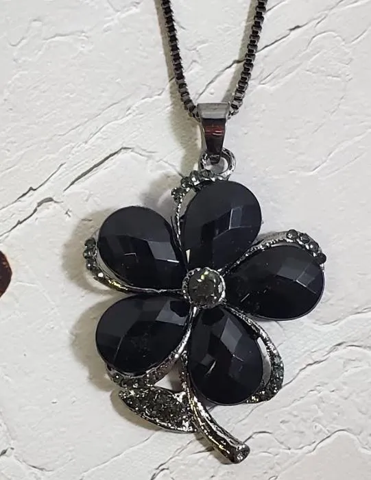 Necklaces AZ277 Gun Metal Black Gemstone Flower Necklace with FREE EARRINGS polly
