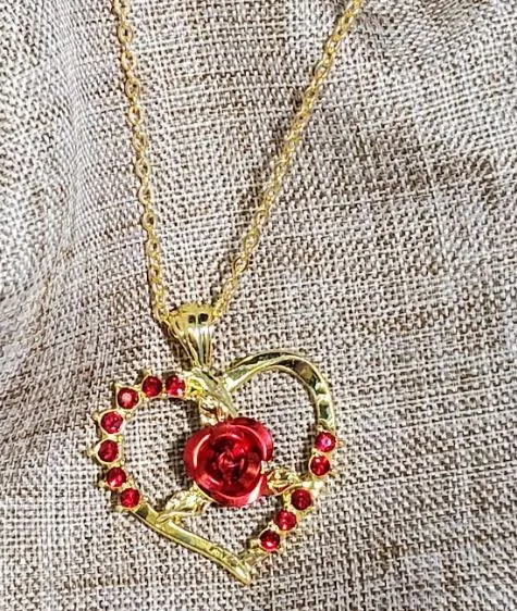 Necklaces N863 Gold Rose Red Rhinestone Heart Necklace with FREE Earrings polly Necklaces N863 Gold Rose Red Rhinestone Heart Necklace with FREE Earrings polly