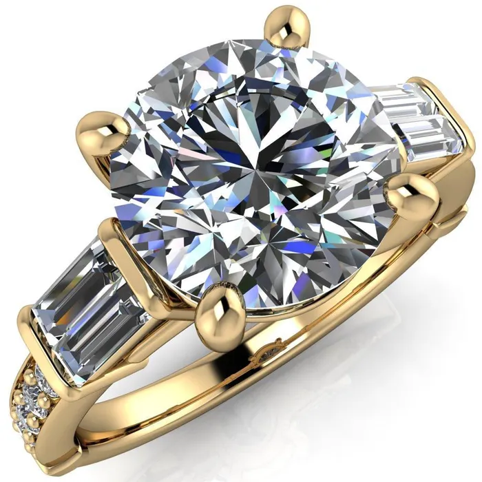 Paphos Round Center Stone Diamond Baguette Side Channel Engagement Ring Fire Brilliance Rings