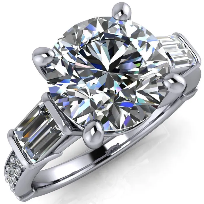Paphos Round Center Stone Diamond Baguette Side Channel Engagement Ring Fire Brilliance Rings