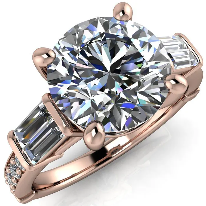 Paphos Round Center Stone Diamond Baguette Side Channel Engagement Ring Fire Brilliance Rings