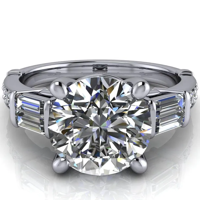 Paphos Round Center Stone Diamond Baguette Side Channel Engagement Ring Fire Brilliance Rings
