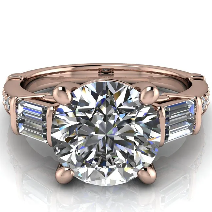 Paphos Round Center Stone Diamond Baguette Side Channel Engagement Ring Fire Brilliance Rings
