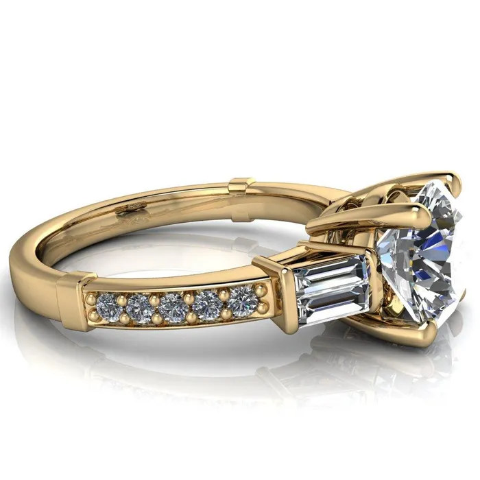 Paphos Round Center Stone Diamond Baguette Side Channel Engagement Ring Fire Brilliance Rings
