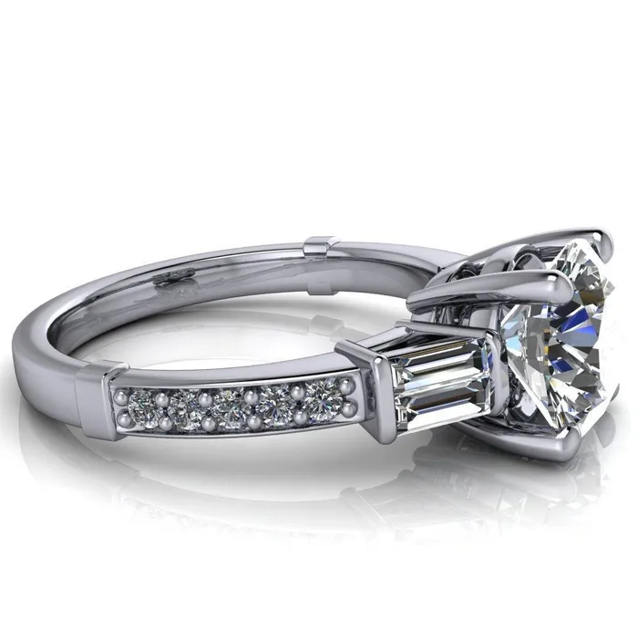 Paphos Round Center Stone Diamond Baguette Side Channel Engagement Ring Fire Brilliance Rings