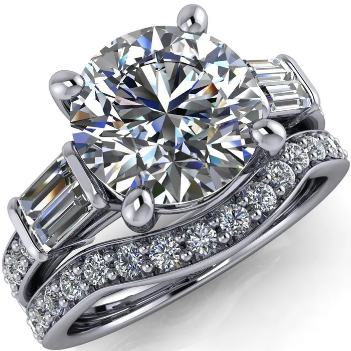Paphos Round Center Stone Diamond Baguette Side Channel Engagement Ring Fire Brilliance Rings