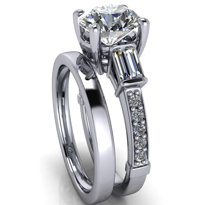 Paphos Round Center Stone Diamond Baguette Side Channel Engagement Ring Fire Brilliance Rings
