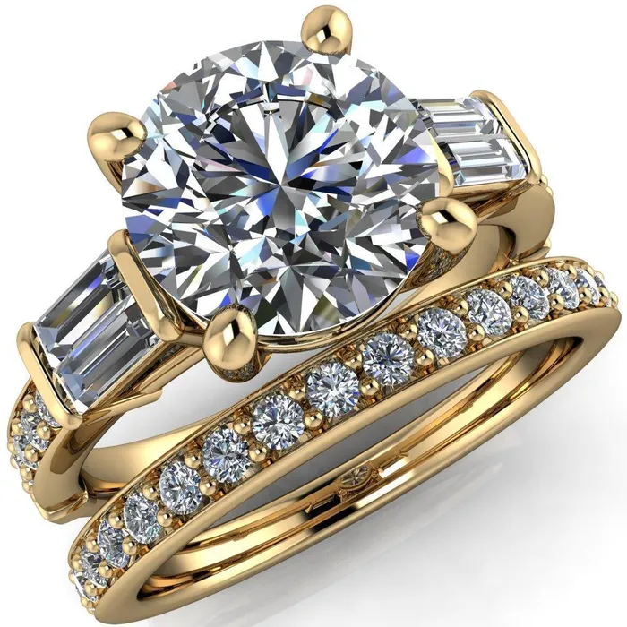 Paphos Round Center Stone Diamond Baguette Side Channel Engagement Ring Fire Brilliance Rings