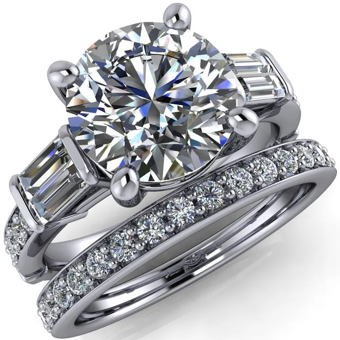 Paphos Round Center Stone Diamond Baguette Side Channel Engagement Ring Fire Brilliance Rings