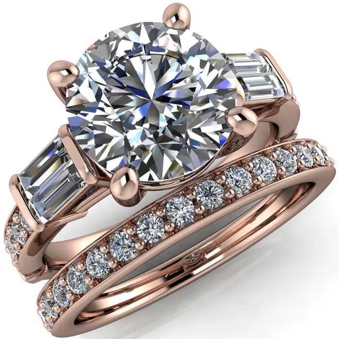 Paphos Round Center Stone Diamond Baguette Side Channel Engagement Ring Fire Brilliance Rings