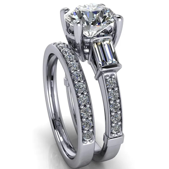 Paphos Round Center Stone Diamond Baguette Side Channel Engagement Ring Fire Brilliance Rings