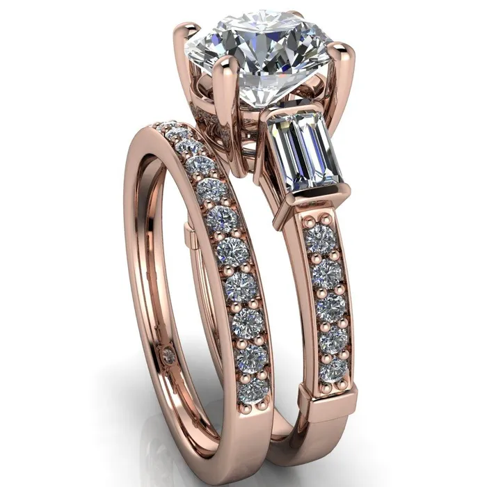 Paphos Round Center Stone Diamond Baguette Side Channel Engagement Ring Fire Brilliance Rings