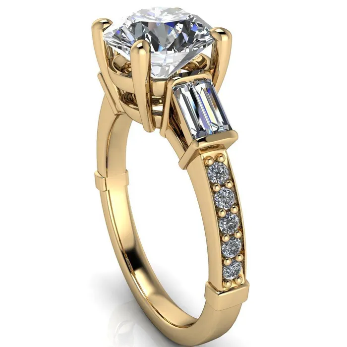 Paphos Round Center Stone Diamond Baguette Side Channel Engagement Ring Fire Brilliance Rings