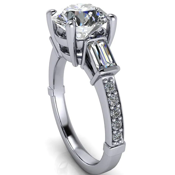 Paphos Round Center Stone Diamond Baguette Side Channel Engagement Ring Fire Brilliance Rings