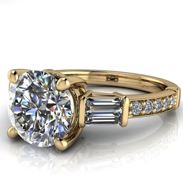 Paphos Round Center Stone Diamond Baguette Side Channel Engagement Ring Fire Brilliance Rings