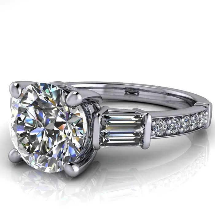 Paphos Round Center Stone Diamond Baguette Side Channel Engagement Ring Fire Brilliance Rings