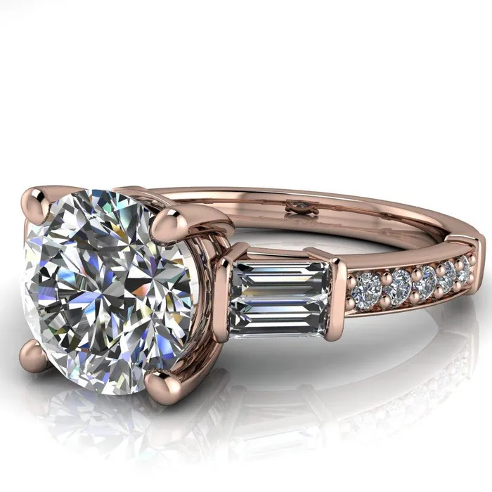 Paphos Round Center Stone Diamond Baguette Side Channel Engagement Ring Fire Brilliance Rings