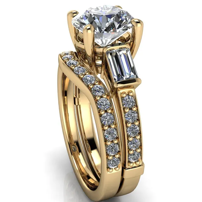 Paphos Round Center Stone Diamond Baguette Side Channel Engagement Ring Fire Brilliance Rings