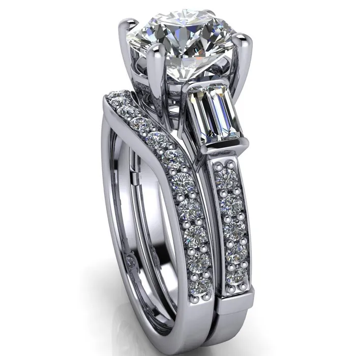 Paphos Round Center Stone Diamond Baguette Side Channel Engagement Ring Fire Brilliance Rings