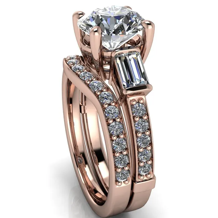 Paphos Round Center Stone Diamond Baguette Side Channel Engagement Ring Fire Brilliance Rings