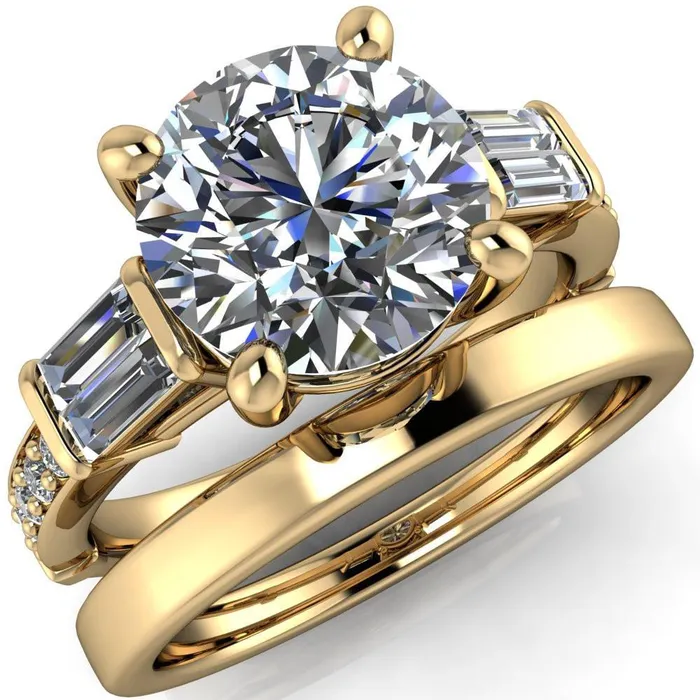 Paphos Round Center Stone Diamond Baguette Side Channel Engagement Ring Fire Brilliance Rings