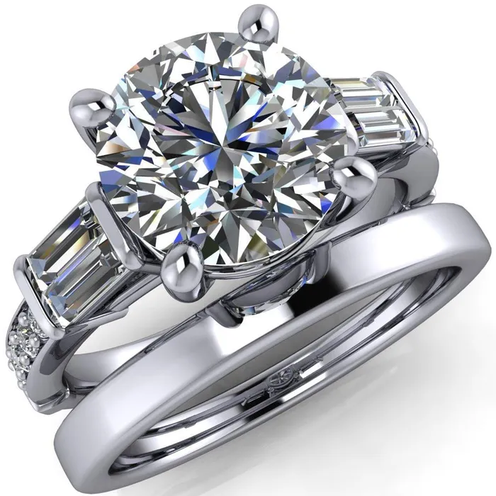 Paphos Round Center Stone Diamond Baguette Side Channel Engagement Ring Fire Brilliance Rings
