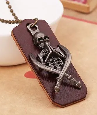 POLLY N434 Brown Leather Skeleton with Swords Necklace Necklaces