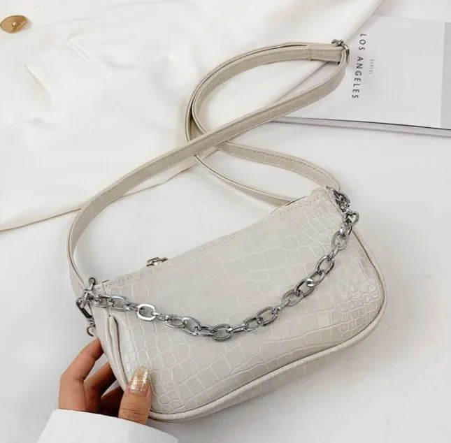 Rings 01 PB199 White Crocodile Print Chain Accent Shoulder Bag