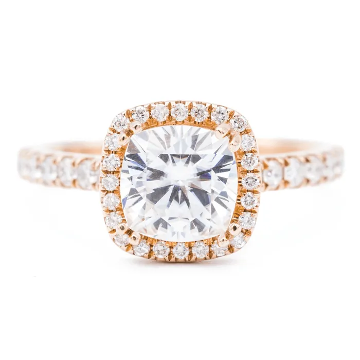 Rings Fire Brilliance 7mm Cushion Center 14K Rose Gold Diamond Halo Shank Ring Rings Fire Brilliance 7mm Cushion Center 14K Rose Gold Diamond Halo Shank Ring