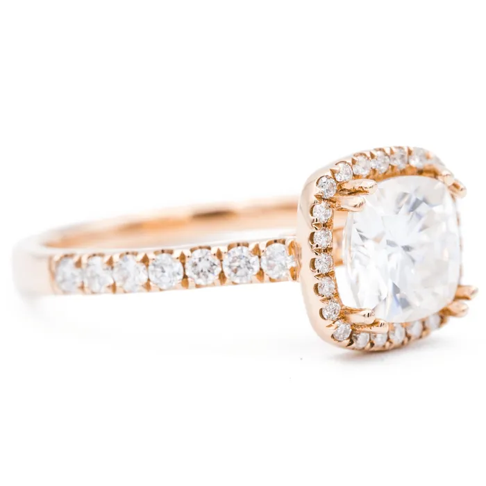 Rings Fire Brilliance 7mm Cushion Center 14K Rose Gold Diamond Halo Shank Ring