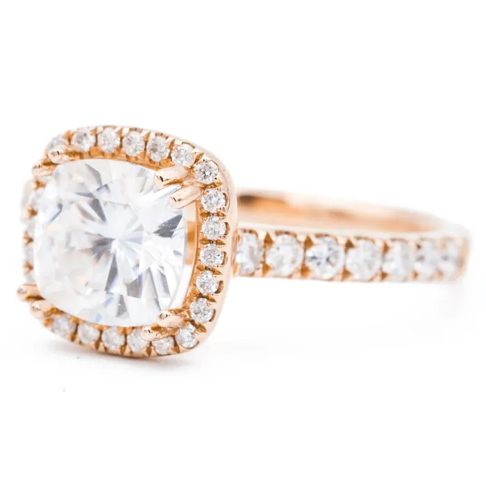 Rings Fire Brilliance 7mm Cushion Center 14K Rose Gold Diamond Halo Shank Ring