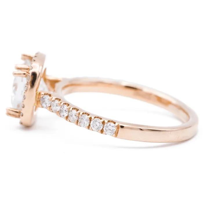 Rings Fire Brilliance 7mm Cushion Center 14K Rose Gold Diamond Halo Shank Ring