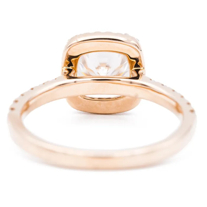 Rings Fire Brilliance 7mm Cushion Center 14K Rose Gold Diamond Halo Shank Ring