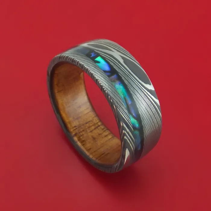 Rings Lashbrook Damascus Steel Ring with Abalone and Wood Sleeve Custom Made Rings Lashbrook Damascus Steel Ring with Abalone and Wood Sleeve Custom Made