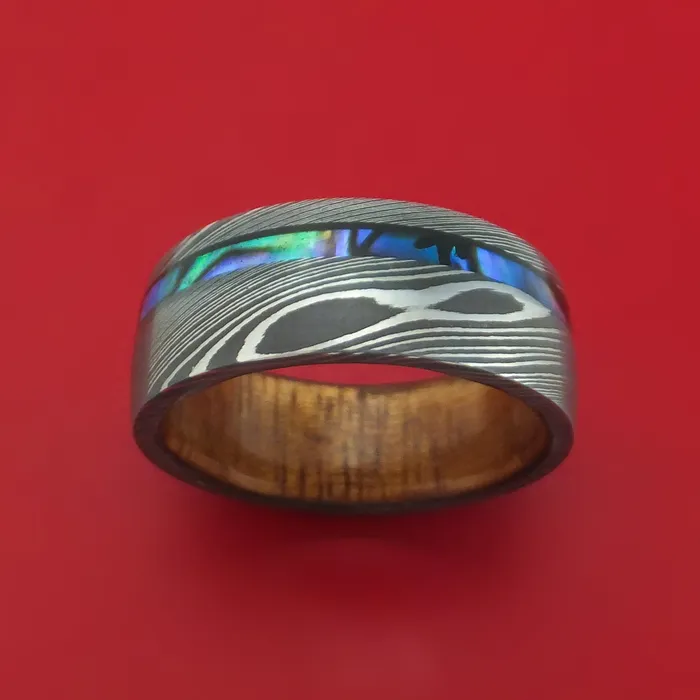 Rings Lashbrook Damascus Steel Ring with Abalone and Wood Sleeve Custom Made Rings Lashbrook Damascus Steel Ring with Abalone and Wood Sleeve Custom Made