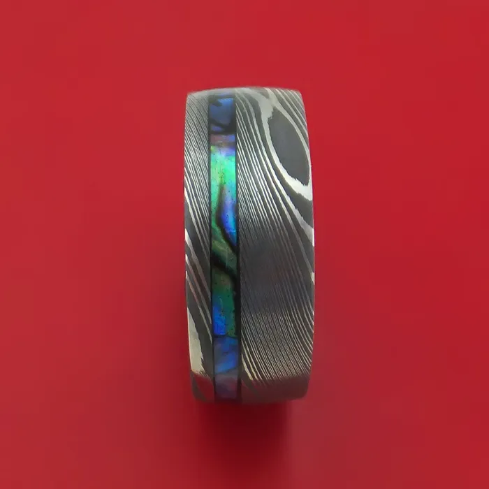 Rings Lashbrook Damascus Steel Ring with Abalone and Wood Sleeve Custom Made Rings Lashbrook Damascus Steel Ring with Abalone and Wood Sleeve Custom Made