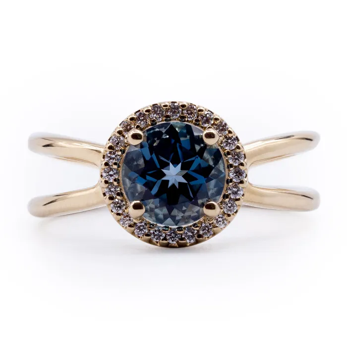 Round London Blue Topaz Setting with Diamond Accented Halo and Criss Cross Shank Ring Fire Brilliance Rings