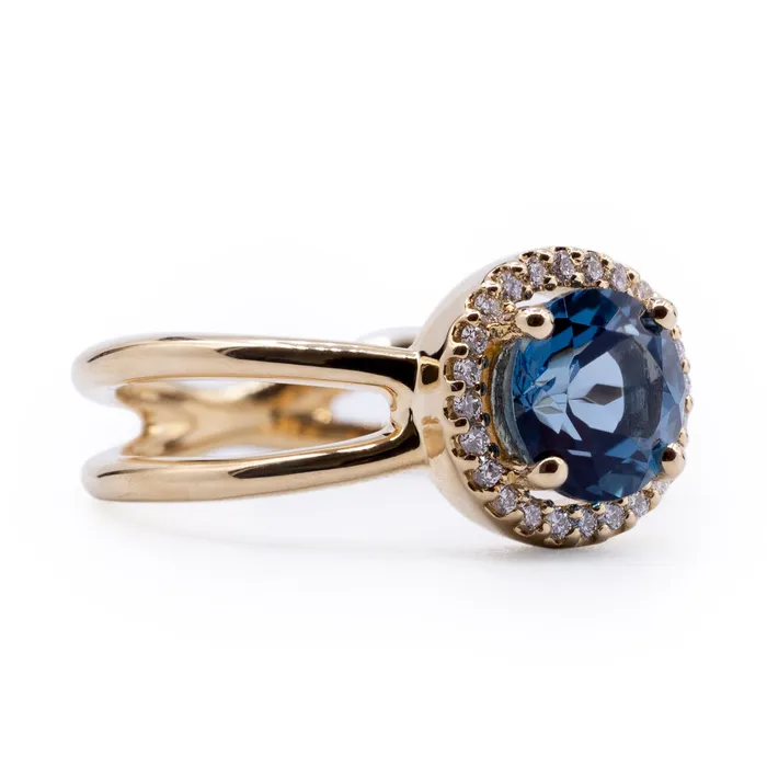 Round London Blue Topaz Setting with Diamond Accented Halo and Criss Cross Shank Ring Fire Brilliance Rings