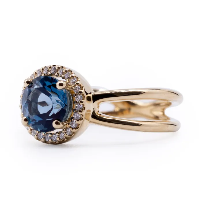 Round London Blue Topaz Setting with Diamond Accented Halo and Criss Cross Shank Ring Fire Brilliance Rings