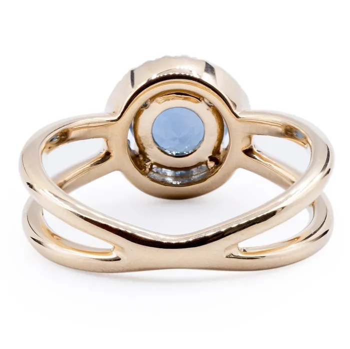 Round London Blue Topaz Setting with Diamond Accented Halo and Criss Cross Shank Ring Fire Brilliance Rings