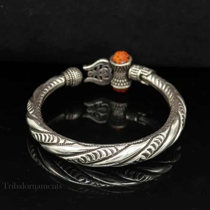 TRIBAL ORNAMENTS Bracelets 925 Sterling silver handmade chitai work Lord Shiva trident trishul kada bangle bracelet with natural Rudraksha customized kada nssk470 TRIBAL ORNAMENTS Bracelets 925 Sterling silver handmade chitai work Lord Shiva trident trishul kada bangle bracelet with natural Rudraksha customized kada nssk470