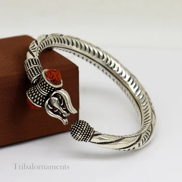 TRIBAL ORNAMENTS Bracelets 925 Sterling silver handmade chitai work Lord Shiva trident trishul kada bangle bracelet with natural Rudraksha customized kada nssk470