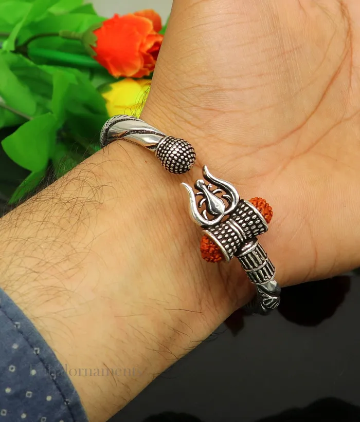 TRIBAL ORNAMENTS Bracelets 925 Sterling silver handmade chitai work Lord Shiva trident trishul kada bangle bracelet with natural Rudraksha customized kada nssk470
