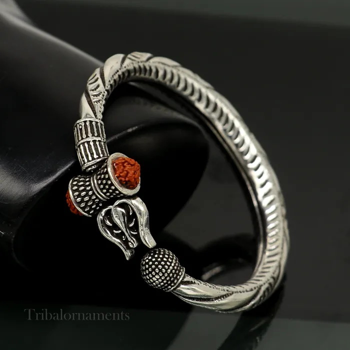TRIBAL ORNAMENTS Bracelets 925 Sterling silver handmade chitai work Lord Shiva trident trishul kada bangle bracelet with natural Rudraksha customized kada nssk470