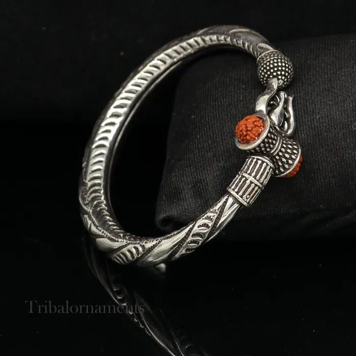 TRIBAL ORNAMENTS Bracelets 925 Sterling silver handmade chitai work Lord Shiva trident trishul kada bangle bracelet with natural Rudraksha customized kada nssk470